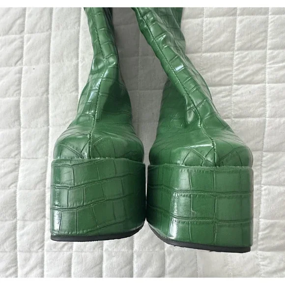 JINGPIN Womens Platform Boots 36 Green Faux Crocodile High Block Heel US 6 Glam - Picture 11 of 16